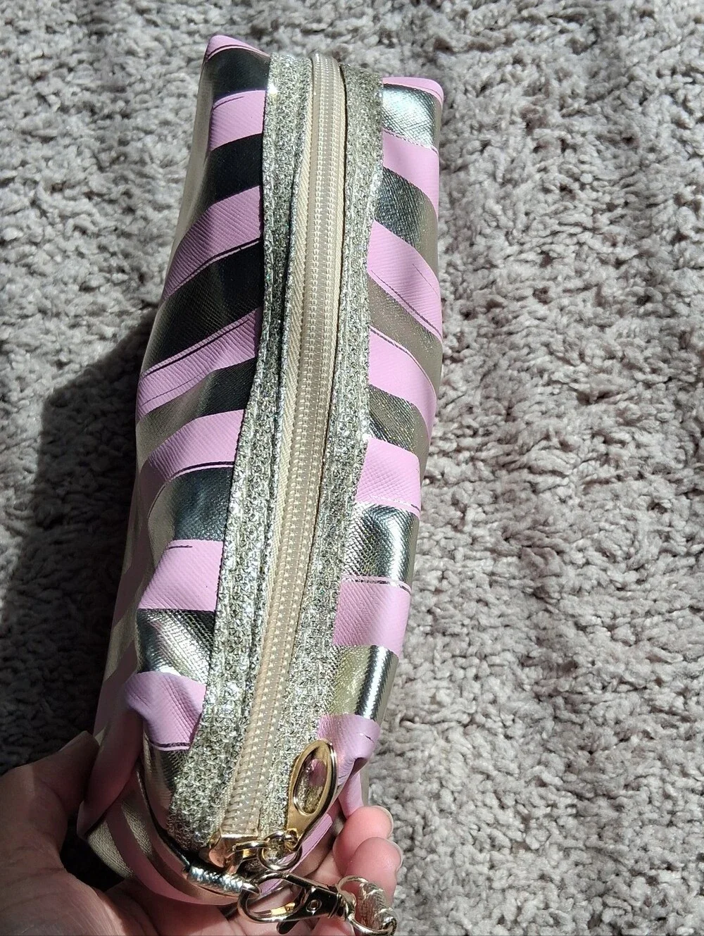 Pink & Gold Striped Cosmetic Wristlet